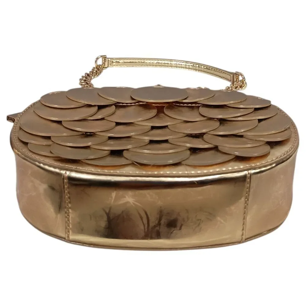 Michael Kors Handbag Small Womens Gold Leather Crossbody Chain Strap Fabric Zip